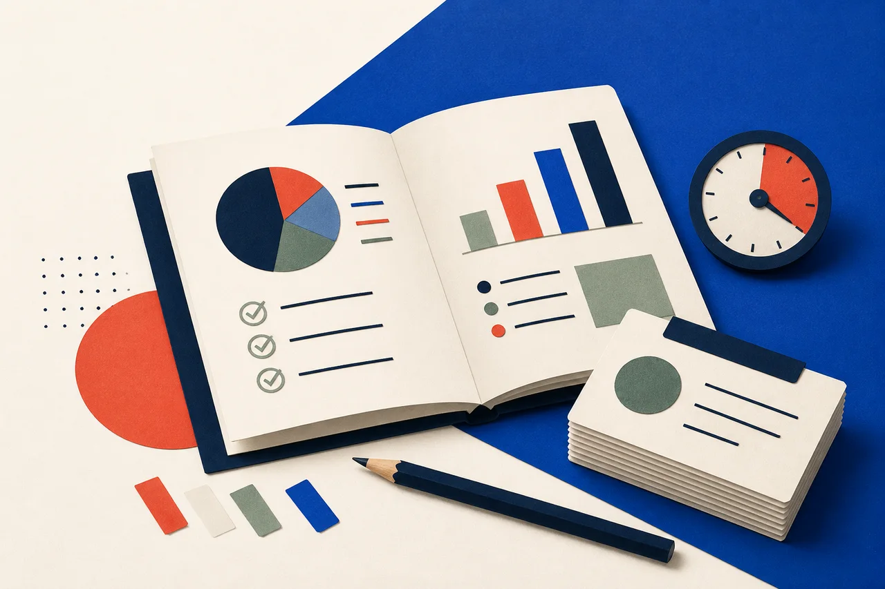 Illustrated research desk with a study notebook, charts, flash cards, pencil, and timer